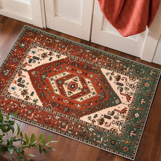 SERISSA 2x3 Washable Non Slip Boho Small Area Rug for Entryway | Ultra Soft Vintage Oriental Carpet Low-Pile Terracotta Green Indoor Mat for Bedroom Kitchen Bathroom Entrance Floor
