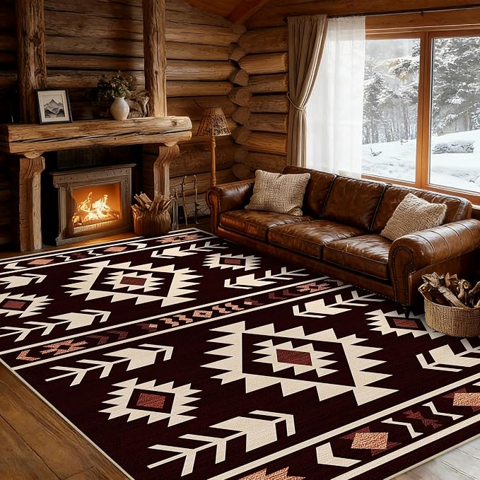 Area Rug 5x7 Western Rug Living Room Southwestern Aztec Tribal Rugs Southwest Navajo Machine Washable Non-Slip Printed Low-Pile Floor Carpet for Bedroom Dining Room Office, Red Brown