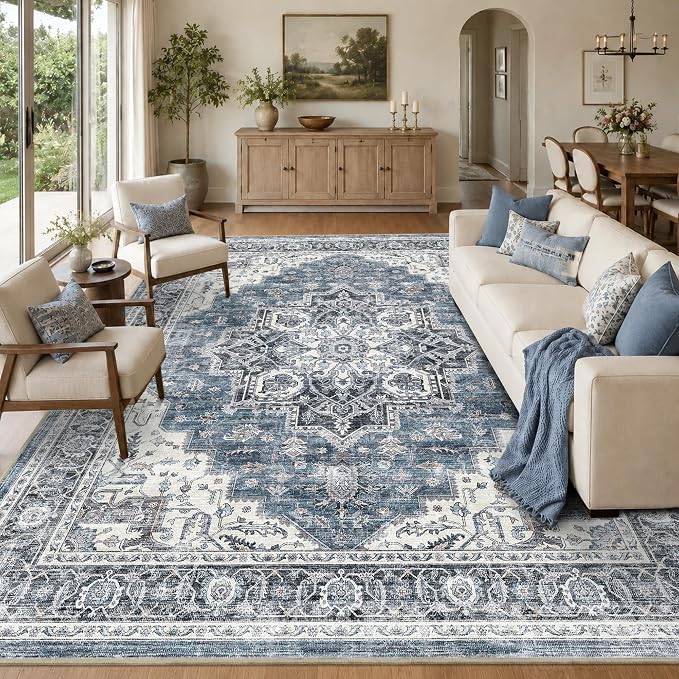 8x10 Area Rug for Living Room Large Vintage Distressed Area Rug | Non-Slip, Retro Print, Low Pile, Stain Resistant Carpet, Soft Easy Clean Blue Area Rug, for Bedroom, Dining Room, Playroom