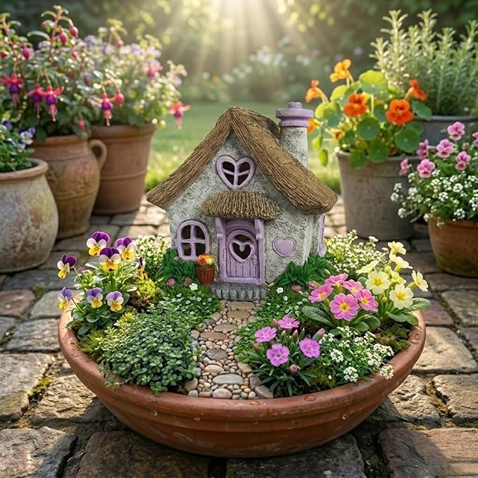 PRETMANNS Fairy House for Outside with Solar Powered LED Lights for Garden - Fairy Garden Houses for Outdoor - Miniature Accessories for Cottage Decor for Village - 7.56” High, Lavender