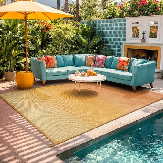 Lahome Waterproof RV Outdoor Rugs for Camping 8x10,Reversible Plastic Straw Rug Patio Rv Mats for Outside Under Awning,Portable Lightweight Carpet for Porch Backyard,Orange-Yellow 8x10