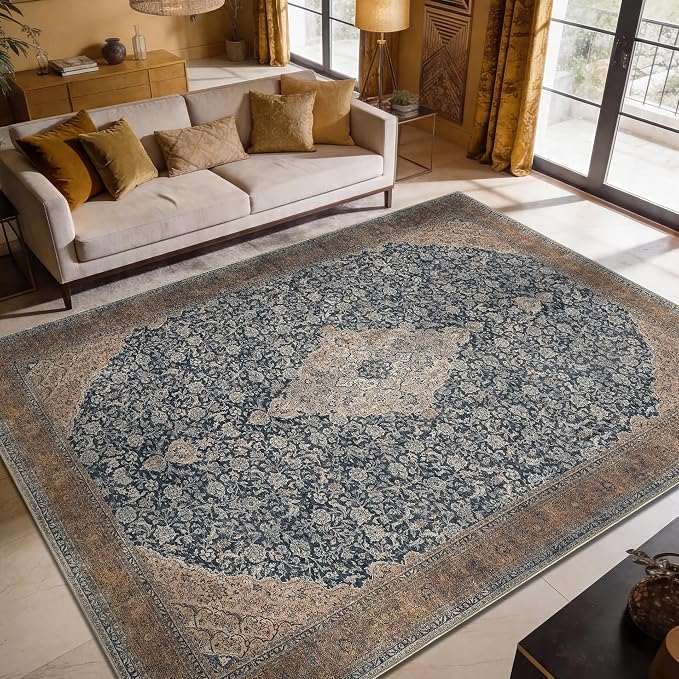Keen Home Design Vintage Washable Area Rug, Non-Slip Low Pile, 8x10 | Machine Washable Cotton Chenille, 0.25In Low Pile, Rubber Non-Slip Back; Living Room, Bedroom, Dining Room, Office
