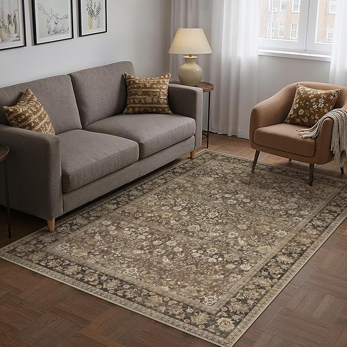 HUGEAR 3x5 Machine Washable Rugs Brown Hallway Area Rug Indoor Accent Rug Floral Low Pile Carpet Soft Throw Rug Bedroom Living Room Office Dining Room Kitchen Laundry Room Non Slip