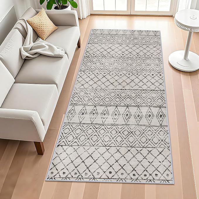 4x8 Modern Hallway Runner Rug:Moroccan Machine Washable Carpet Grey | Geometric Non Slip Pets Friendly Runner Low Pile Soft Indoor Floor Mat Front Door for Kitchen Bedroom Entryway Laundry