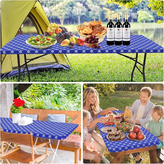 misaya 2 Pack Rectangle Vinyl Table Cloth, Elastic Fitted Tablecloth with Flannel Backing, Waterproof Plastic Table Cover Fits 6 Foot Folding Tables for Picnic, Camping and Outdoor (Blue, 30" x 72")