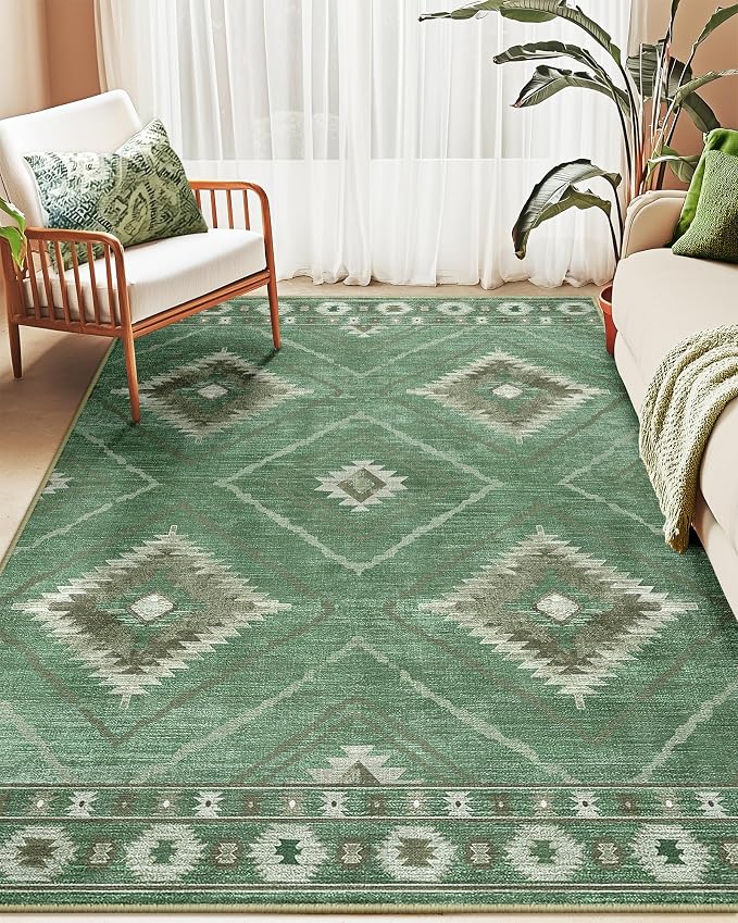 8'x10' Washable Area Rug for Living Room Bedroom Sage Green | Soft Western No Slip Low Pile Print Foldable Indoor for Kitchen Dining Room