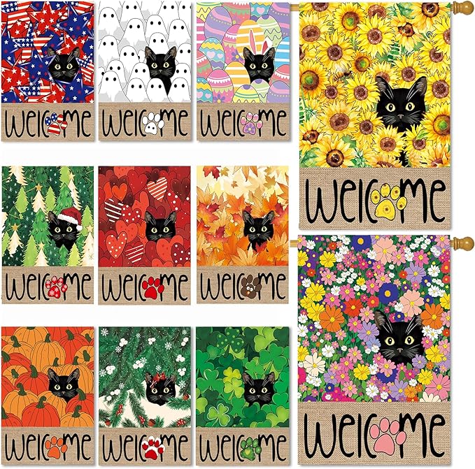Seasonal Garden Flags Set of 11, Double Sided 28 x 40 Inch Black Cat House Flags, Large Flags for Outside, Spring Summer Easter Independence Day Outdoor Flags, Welcome Holiday Garden Flags for All Seasons
