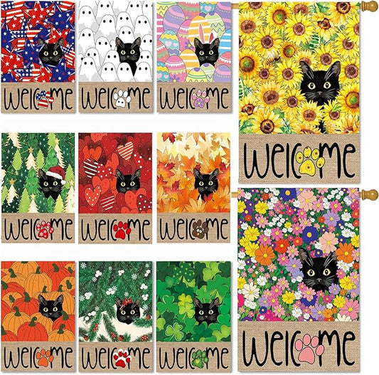 Seasonal Garden Flags Set of 11, Double Sided 28 x 40 Inch Black Cat House Flags, Large Flags for Outside, Spring Summer Easter Independence Day Outdoor Flags, Welcome Holiday Garden Flags for All Seasons