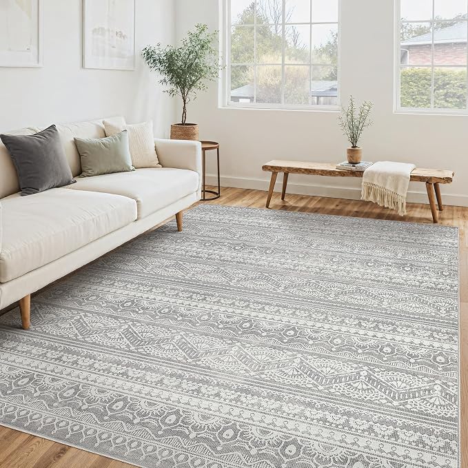 Tortania Area Rug Living Room Rugs - 5x8 Washable Large Soft Neutral Boho Moroccan Bohemian Farmhouse Rug Indoor Floor Carpet for Bedroom Under Dining Table Home Office Decor - Neutral Grey