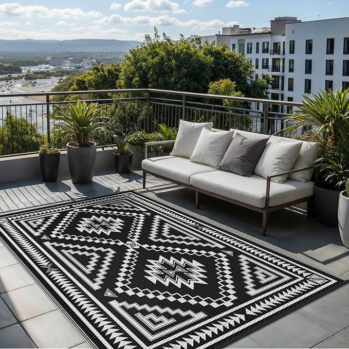 GENIMO Outdoor Rug for Patio Clearance - 6x9 ft Waterproof Plastic Camping Rugs, Reversible Outside Rv Mat Carpet for Porch, Deck, Picnic, Balcony, Beach, Backyard, Black White