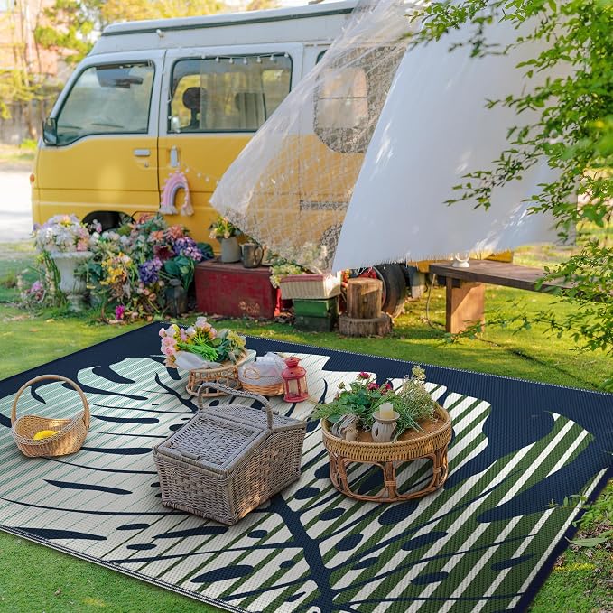 GENIMO Outdoor Rug 6' x 9' Waterproof for Patio Clearance, Reversible Plastic Straw Camping Mat, Lightweight Carpet for Rv, Camper, Deck, Porch, Picnic, Balcony, Beach, J.Blue & Green
