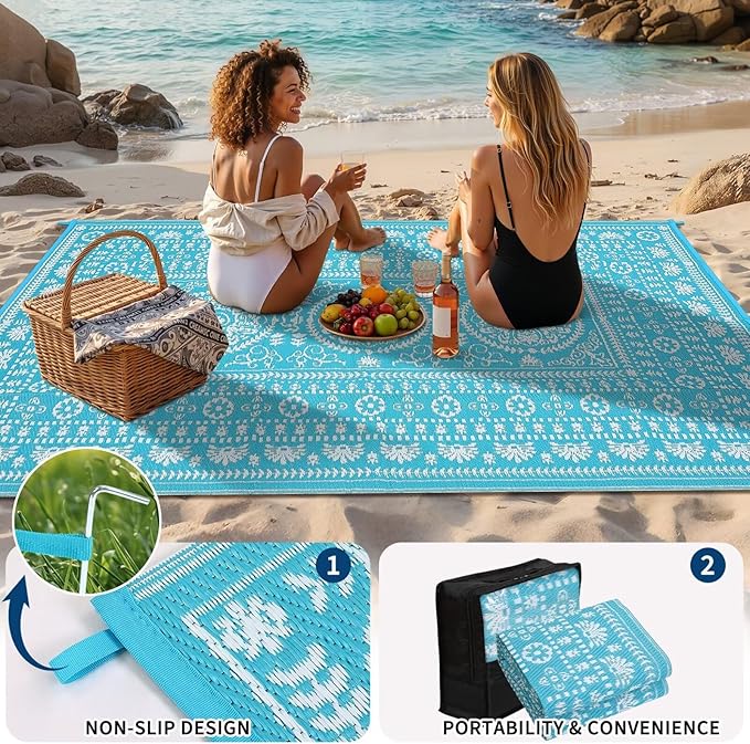 Garvee Reversible Outdoor Rug 8x10 for Patio, Waterproof Outdoor Area Rug, Modern Medallion Indoor Outdoor Rugs, Plastic Straw Rug for RV, Camping, Deck, Vintage Blue