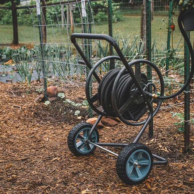 Backyard Expressions 2‑Wheel Garden Hose Reel Cart, Portable Hand‑Crank Hose Reel, Rust‑Resistant Hammertone Gray Finish, Brass Connectors