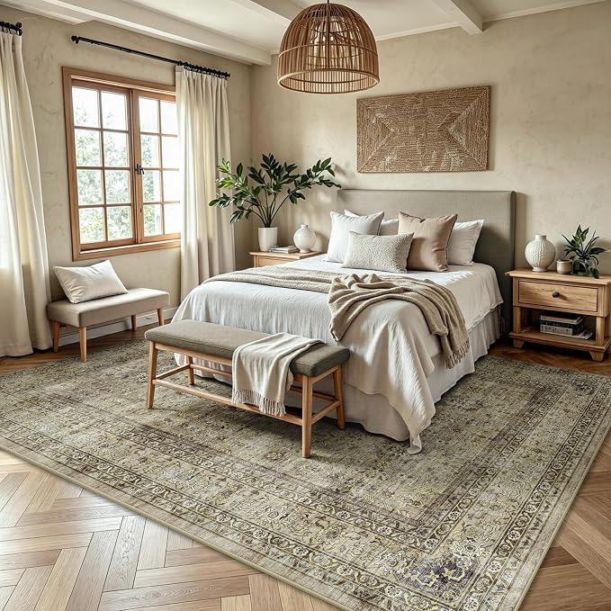 6x9 Area Rugs - Washable Vintage Retro Living Room Rug, Soft Ultra Thin Non Slip Low Pile Traditional Distressed Boho Carpet for Bedroom Dining Room Nursery Home Office, Beige Brown