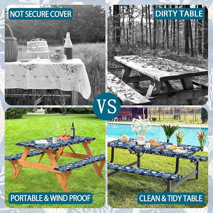 Picnic Table Cover with Bench Covers Camping Elastic Edge Essentials Waterproof Windproof Camping Tablecloth with Drawstring Bag, Fitted Rectangle Tables and Seats, 30X96 Inch, Blue Ocean Coral