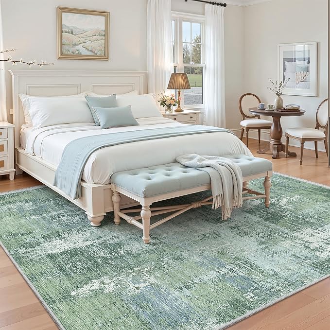 Valenrug Washable Rugs 5x7, Abstract Area Rugs for Living Room, Sage Green | Soft & Lighweight, Folable, Stain Resistant Low Pile Thin Indoor Distressed Carpet Rugs for Bedroom,Dining Room,Kitchen