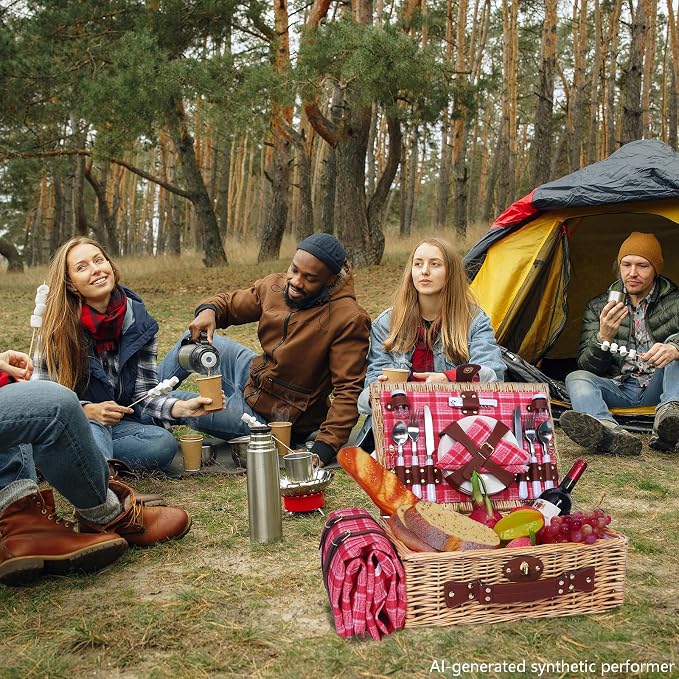 Picnic Baskets Wicker Willow Picnic Set for 4 Persons with Insulated Cooler Bag and Waterproof Pink Plaid Picnic Blanket Gift for Christmas Thanksgiving Wedding Birthday Camp Outdoor Beach Travel