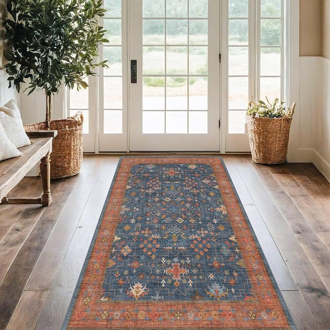 Washable Kitchen Rugs, 3x6 Area Rug for Large Entryway Indoor, Kitchen Mat, Small Rug for Living Room - Stain Resistant Non Skid Non Slip Rubber Backing, Boho Aethestic Décor (3x6 Navy Blue)