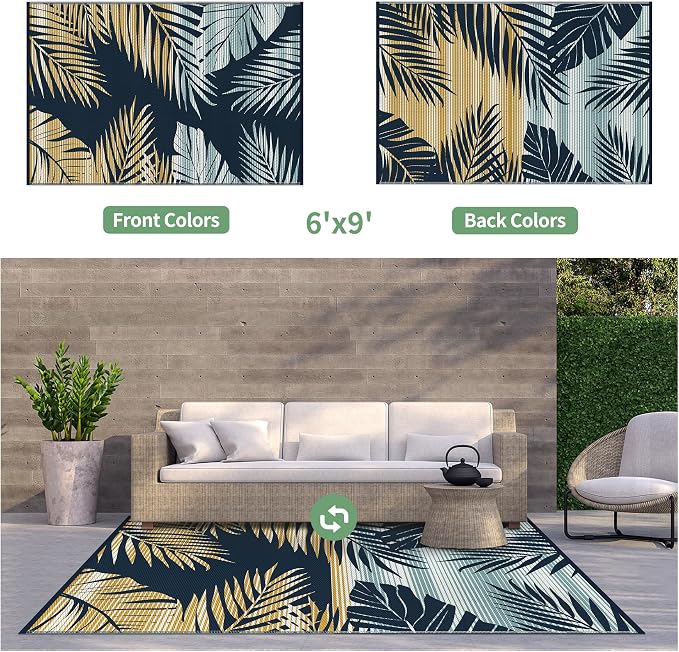 GENIMO Outdoor Rug 6' x 9' Waterproof for Patios Clearance, Reversible Outdoor Plastic Straw Camping Rug Carpet, Large Area Rugs Mats for RV, Camper, Deck, Balcony, Porch, Beach, Picnic, Yellow&Blue