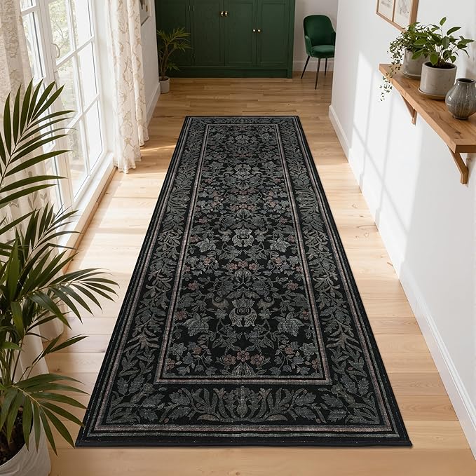 GarveeHome Washable 2.5x8 Hallway Runner Rug Non Slip Kitchen Rugs, Black | Boho Vintage Runner Rugs with Rubber Backing Soft Low-Pile Stain Resistant Indoor Long Carpet for Entryway Bedroom Laundry