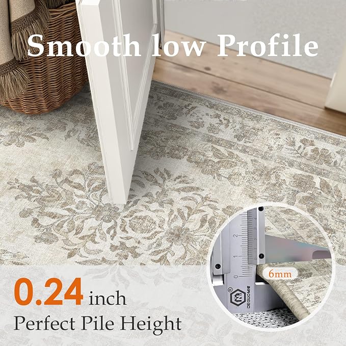10x14 Washable Area Rug Living Room Cream Beige Vintage Carpet | Soft Low Pile, Non Slip, Stain Resistant, Floral Medallion, Neutral Retro Decor for Bedroom, Dining Room, Kids Room, Office