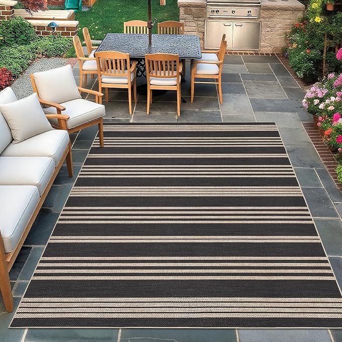 Garvee 5x7 Area Rugs Easy Jute Washable Rugs Living Room, Black & Natural | Modern Line Print Area Rug Stain Resistant Easy Cleaning Throw Rugs Non Shedding Low Pile Floor Cover for Nursery Dining Room