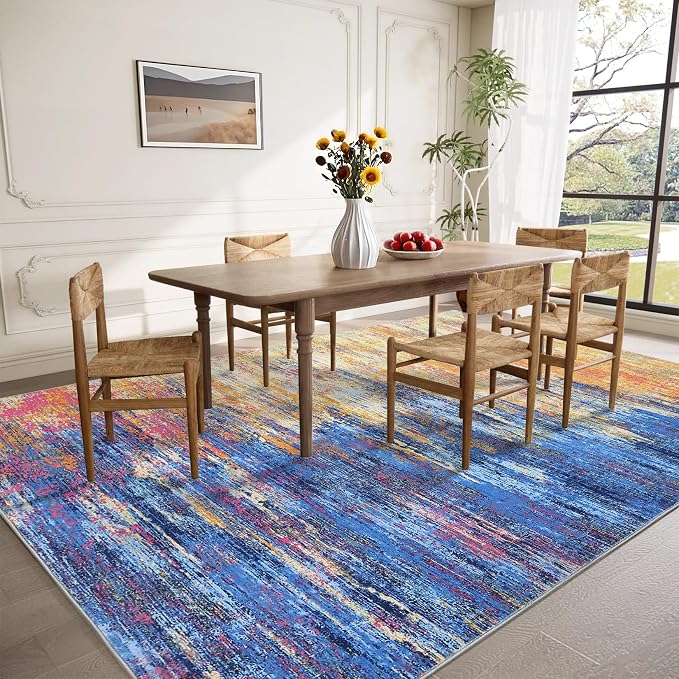 ROYHOME Modern Abstract Living Room Rug 10x13, Blue/Orange | Machine Washable Large Carpet, Non Slip Low Pile Rug, Ultra Soft Indoor Floor Carpet for Bedroom Dining Room Table Home Decor
