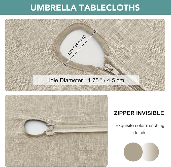 LUSHVIDA Outdoor Tablecloth with Umbrella Hole - Patio Table Cloth Zippered Rectangle 60x84 Inch, Linen-Look Polyester Table Cover Water Resistant for Picnic Outside, Natural Color
