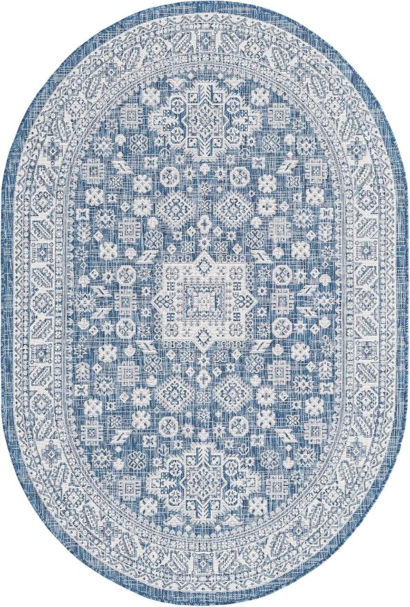Unique Loom Outdoor Aztec Collection Area Rug - Chalca (5' 3" x 7' 10" Oval, Blue/ Ivory)