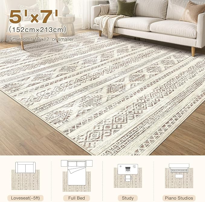 Tortania Area Rug Living Room Rugs - 5x7 Washable Large Soft Neutral Boho Moroccan Bohemian Farmhouse Rug Indoor Floor Carpet for Bedroom Under Dining Table Home Office Decor - Brown