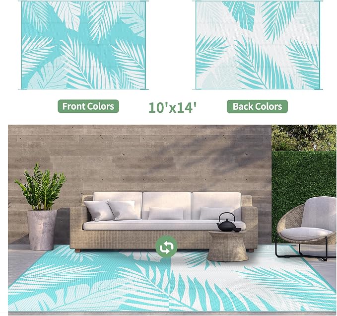 GENIMO Outdoor Rug 10' x 14' Waterproof for Patios Clearance, Reversible Outdoor Plastic Straw Camping Rug Carpet, Large Area Rugs Mats for RV, Camper, Deck, Balcony, Porch, Beach, Aqua Blue&White