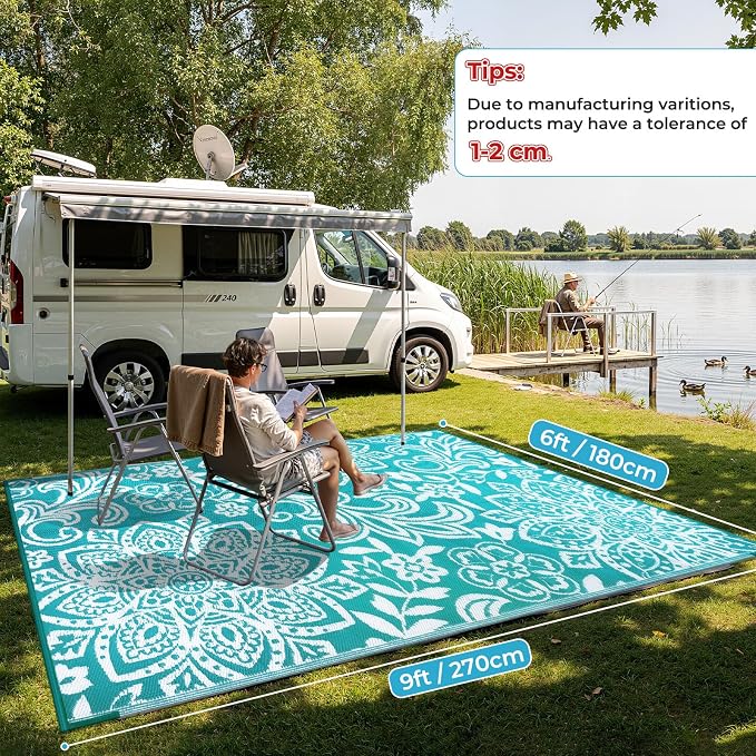 Findosom Waterproof Outdoor Rug 6' x 9' - Reversible Mandala Outdoor Plastic Straw Rug, Durable Foldable Patio Rug for RV, Deck, Balcony, Backyard, Picnic, Porch, Camping, Beach, Blue