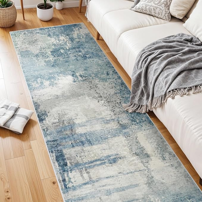 8 Foot Washable Runner Rug: Non Slip Abstract Kitchen Entryway Carpet Blue | Bedroom - Soft Stain Resistant Easy Clean Mat for Family with Pets