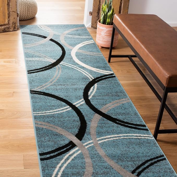 Rugshop Wavy Circles Modern Non-Shedding Runner Rug Blue 2' x 7'2" | Runner, Size 2' x 7'2", Living Room, Bedroom, Dining Room, Home Office, Kitchen, Entryway, Hallway, Nursery, Kids Room