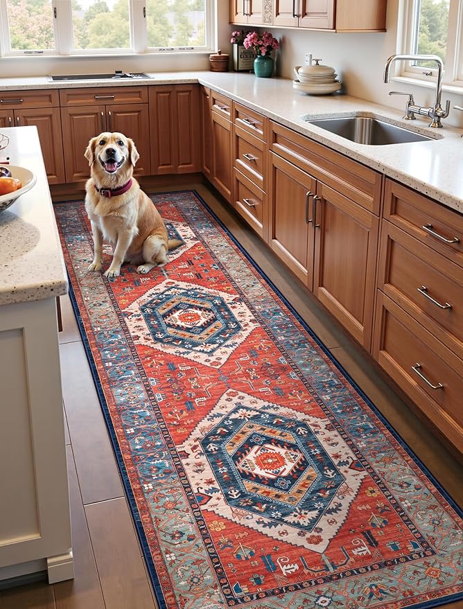 SERISSA 3x10 Washable Non Slip Boho Runner Rug for Hallway，Rust | Ultra Soft Vintage Oriental Carpet Low-Pile Long Tribal Floor Carpet for Stair Kitchen Bedroom Bathroom Laundry Room