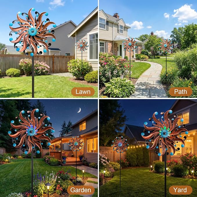 Solar Wind Spinner - Rustic Copper & Turquoise Kinetic Yard Art with Glass Globe - Vintage Metal Sunburst Wind Catcher Outdoor Garden Decor for Lawn, Patio, and Front Porch