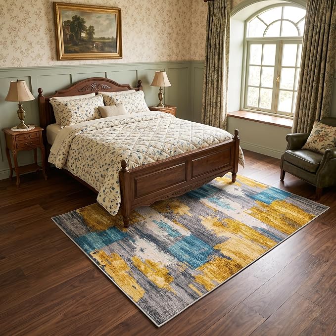 5x7 Blue and Gold Abstract Brushstroke Area Rug for Living Room | Soft Low-Pile Machine-Washable Rug with Non-Slip Backing for Bedrooms, Dining Rooms and Home Offices, Designed for Easy Care