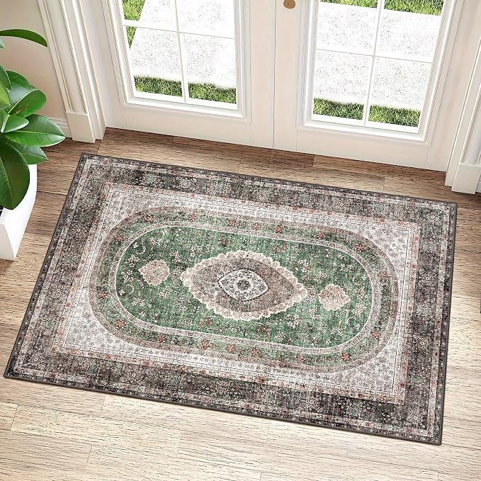 Small Rugs 2x3,Green Rug for Entryway Bathroom Entrance Doormat | Boho Vintage Bohemian Distressed Washable Oriental Accent Floor Throw Carpet Non Slip