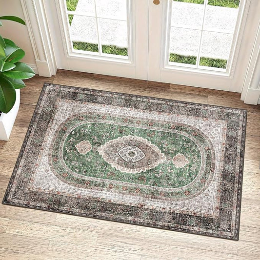Small Rugs 2x3,Green Rug for Entryway Bathroom Entrance Doormat | Boho Vintage Bohemian Distressed Washable Oriental Accent Floor Throw Carpet Non Slip