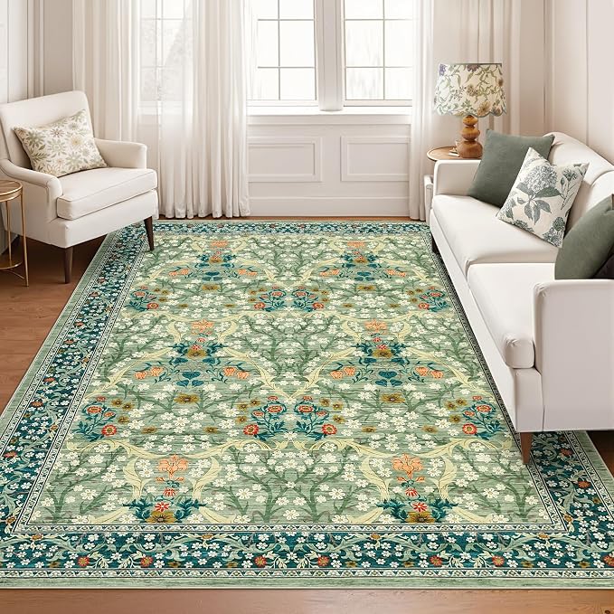GarveeHome Sage Green Floral 5x7 Washable Area Rug for Living Room Bedroom | Vintage Low-Pile Non-Slip Carpet Soft Stain Resistant Rugs for Large Room Botanical Boho Rug TPE Backing