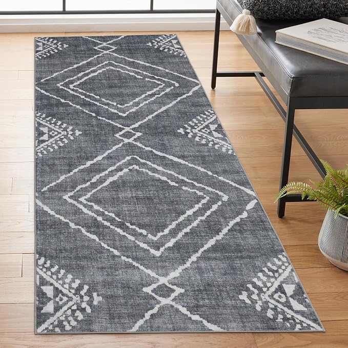 Machine Washable Area Rug Runner - Living Room Bedroom Bathroom Kitchen Entryway Office - Padded Low Pile Stain Resistant Premium - Moroccan Diamond Tribal - Jax - Gray 2'6" x 8'