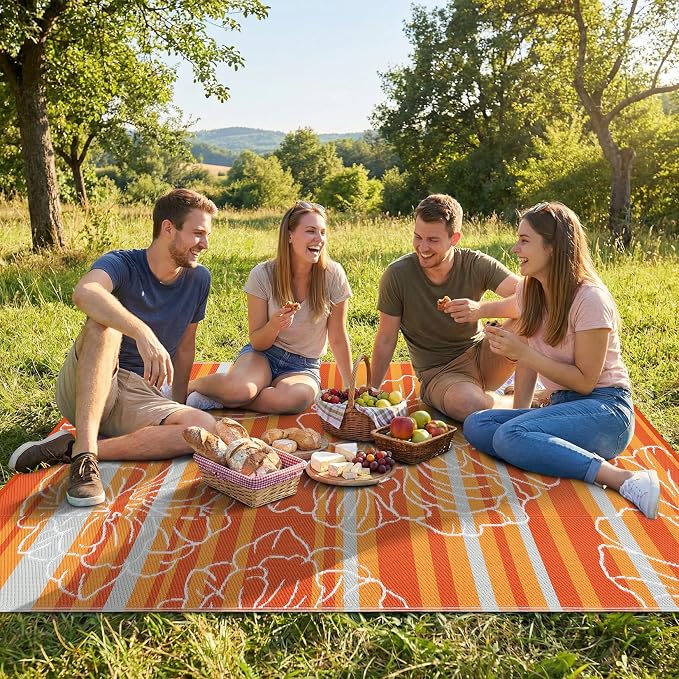 Garvee 6x9 Outdoor Waterproof Rug, Floral Outdoor Area Rug，Reversible Plastic Straw Patio Rug, Portable Camping Mat for RV, Picnic, Beach, Balcony, Garden & Camping Orange