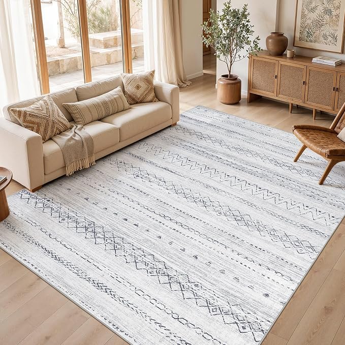 cotiled Boho 10x14 Area Rug for Living Room: Large Moroccan Washable Rug | Solve Modern Neutral Trendy Home Decor - Stain Resistan Carpet for Bedroom Farmhouse Grey