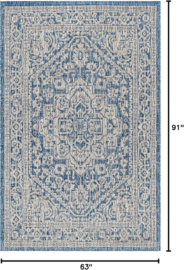 JONATHAN Y Medallion Weave Indoor Outdoor Area Rug 5X8 Navy/Gray, Sinjuri Textured for Backyard, Patio, Porch, Easy-Cleaning, High Traffic, Pet-Friendly, Non-Shedding (SMB101B-5)