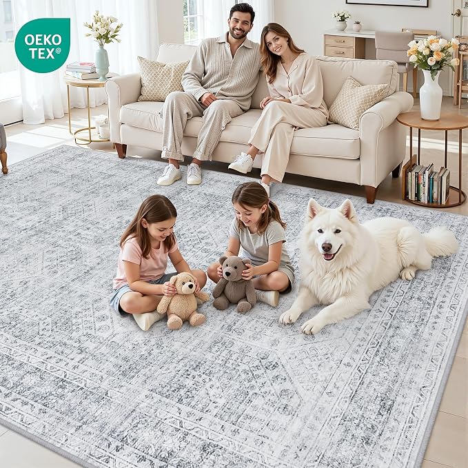 Area Rugs 9x12 Living Room: Bedroom Neutral Washable Carpet Gray | Vintage Boho Soft Small Indoor Decor Floor Non-Slip Low Pile Neutral Farmhouse Entryway Laundry Bathroom Bedroom Beside Rugs