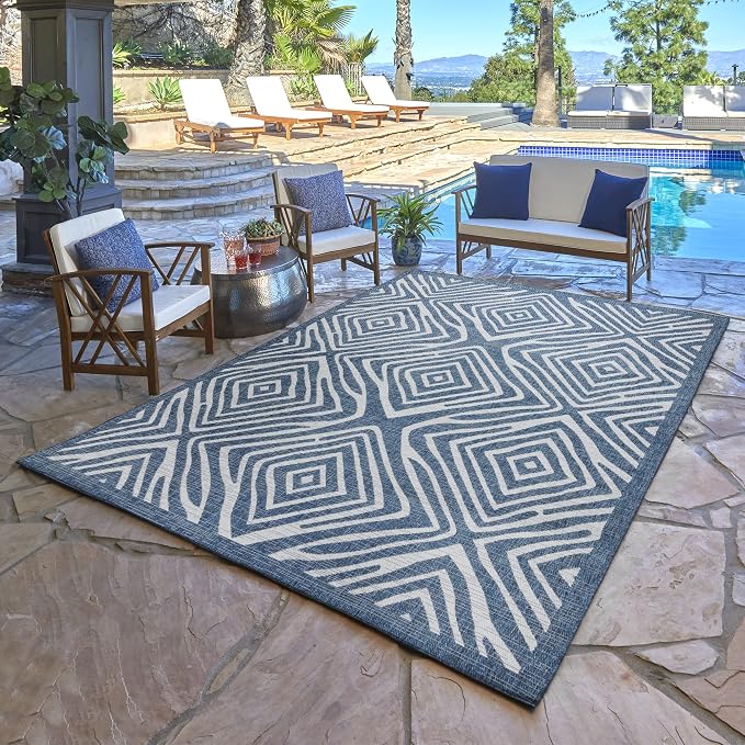 Gertmenian Indoor Outdoor Area Rug, Classic Flatweave, Moroccan Collection II, Stain & UV Resistant Carpet, Deck, Patio & Mudroom, 5x7 Standard, Navy Blue Ivory Tribal Safari, 19494