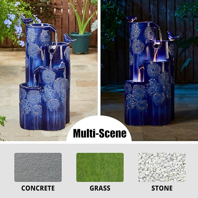 Glitzhome Water Fountain Outdoor with LED Lights, 4-Tier Vase Shaped Ceramic Outdoor Fountain, Dandelion Glaze Water Fountains Feature for Garden Backyard Patio, Cobalt Blue, 31.7”H