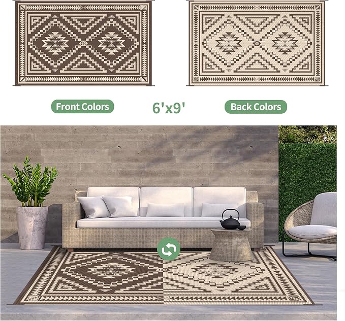 GENIMO Outdoor Rug for Patio Clearance - 6x9 ft Waterproof Plastic Camping Rugs, Reversible Outside Rv Mat Carpet for Porch, Deck, Picnic, Balcony, Beach, Backyard, Coffee Beige