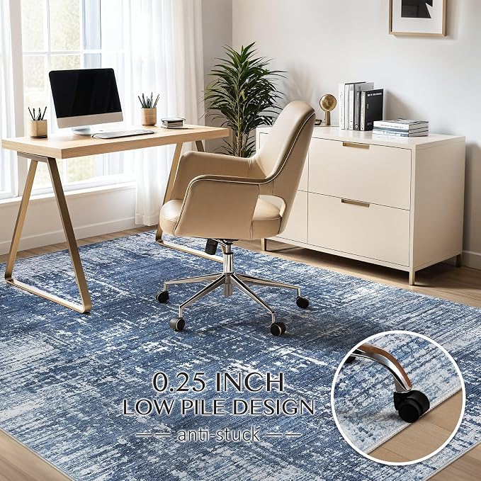 kakania Abstract 8x10 Area Rugs for Living Room: Washable Rugs Dark Blue | Soft, Non-Slip, Low-Pile, Pet & Kid Friendly - Large Modern Home Decor Carpet for Bedroom/Dining Room/Office/Nursery
