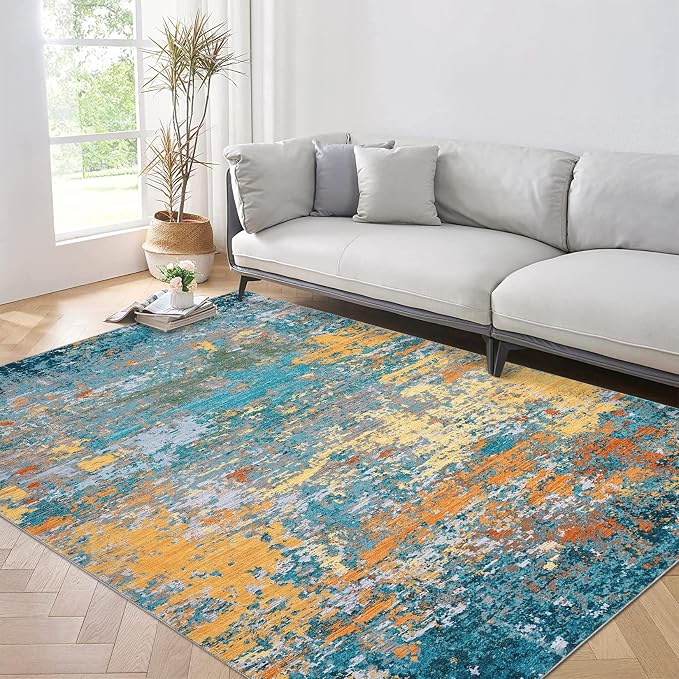 ROYHOME 5x7 Modern Abstract Faux Wool Area Rugs, Multi Color | Ultra-Soft Low Pile Accent Rug Stain Resistant Carpet Machine Washable for Bedroom with Non Slip Backing